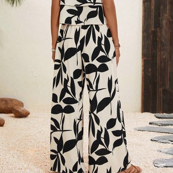 White And Black Boho Womens Plants Print Cami Top & Wide Leg Pants - Picture 2 of 5